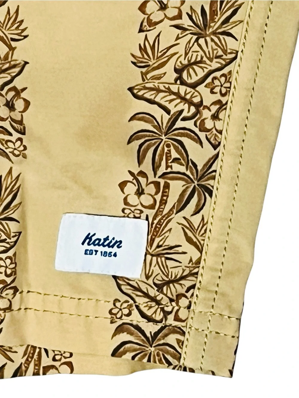 Katin Board Shorts Mens 34x9 Tan Tropical Floral Drawstring Hybrid Swim Trunks